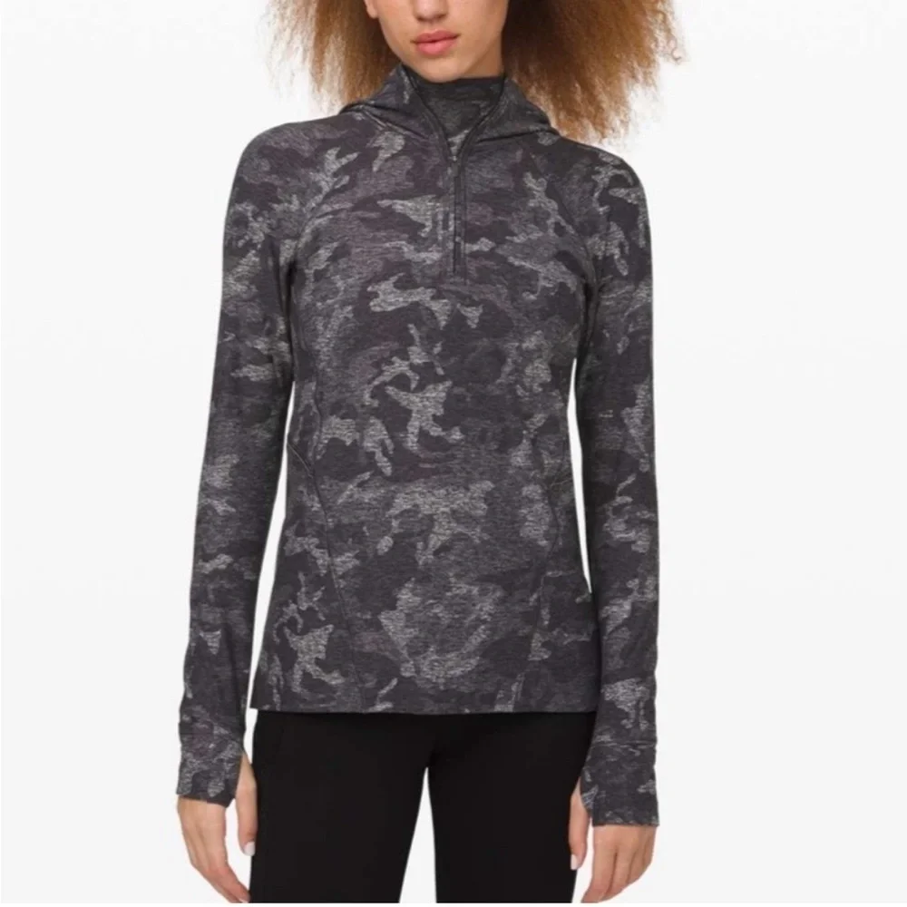Lululemon Warm Stabilizer 1/2 Zip Hoodie Top Gray Camo Long Sleeve Shirt
